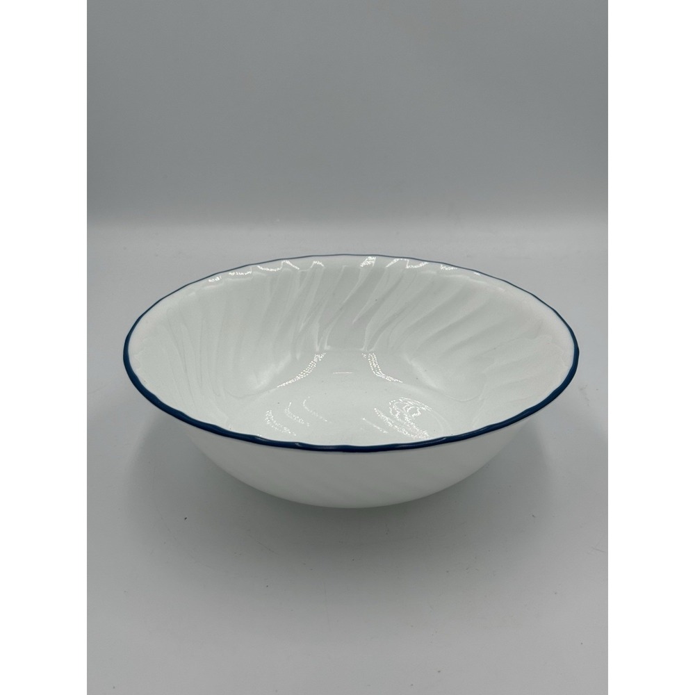 Corning Corelle White Swirl Round Vegetable Serving Bowl With Blue Rim, 8.5"